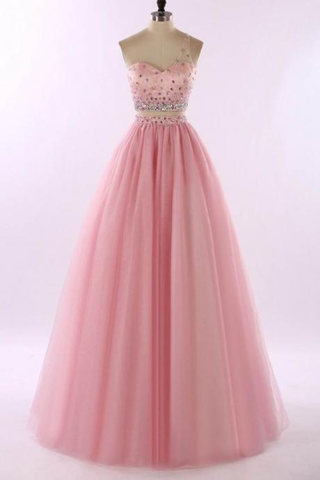 Pink Tulle Two Pieces One Shoulder Beading V-neck Long Prom Dresses, Evening Dresses
