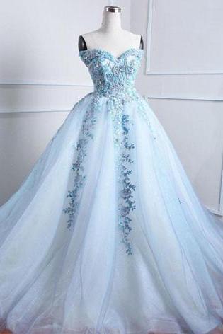 Gorgeous Sweetheart Neck Ice Blue Tulle Long Evening Dress, Long Embroidery Lace Prom Dress