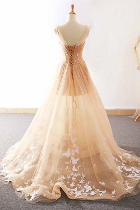 Sweetheart Champagne Tulle Floor Length Customize Evening Dress, Party Dress With Applique