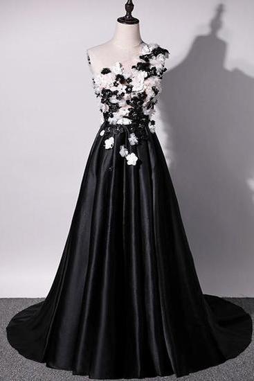 Unique Black And White Long Satin One Shoulder Sleeveless Prom Dress With 3d Lace Applique,floor Length Evening Dress,