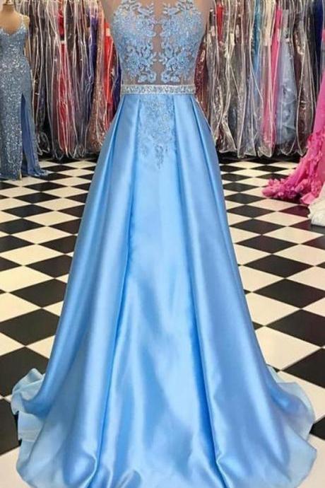 Sexy Sleeveless A Line Blue Prom Dresses For Junior, Long Evening Dress, Elegant Homecoming Dress