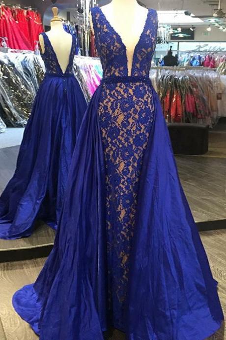 A-line V-neck Sweep Train Royal Blue Stretch Satin Prom Dress With Lace Beading
