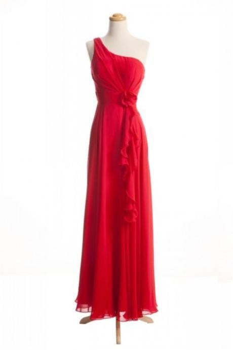 Red One Shoulder Chiffon Bridesmaid Dress Evening Dresses Long Prom Dress