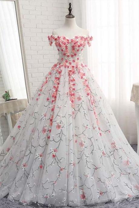 White Floral Tulle Sweetheart 3d Flower Applique A-line Evening Dress, Homecoming Dress With Sleeve