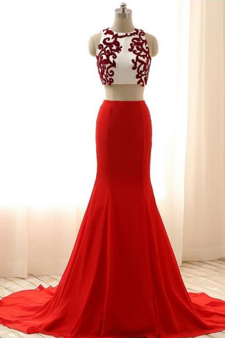 Unique Prom Dresses , Long Red Dresses,sexy Two Pieces Red Dresses