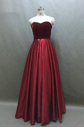 Unique Burgundy Velvet Strapless Long Evening Dress, Burgundy Long Prom Dresses