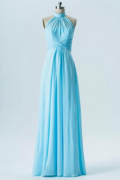 Blue Halter Floor Length Bridesmaid Dresses,open Back Simple Bridesmaid Gowns