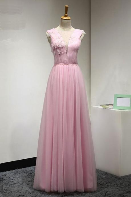 Pink Tulle V Neck See Through Back Long Crystal Sweet 16 Prom Dress With Appliques