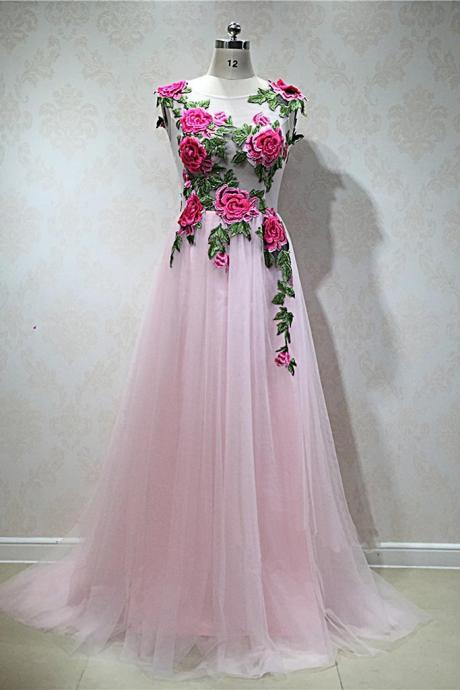 Pink Tulle Long Sheer A-line Senior Prom Dress With Appliqué, Pink Tulle Party Dress