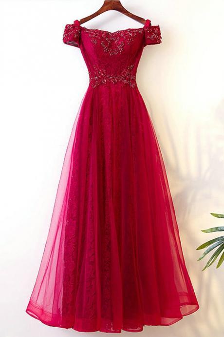 Burgundy Tulle Off Shoulder Long A-line Beaded V Neck Prom Dress, Long Lace Evening Dress