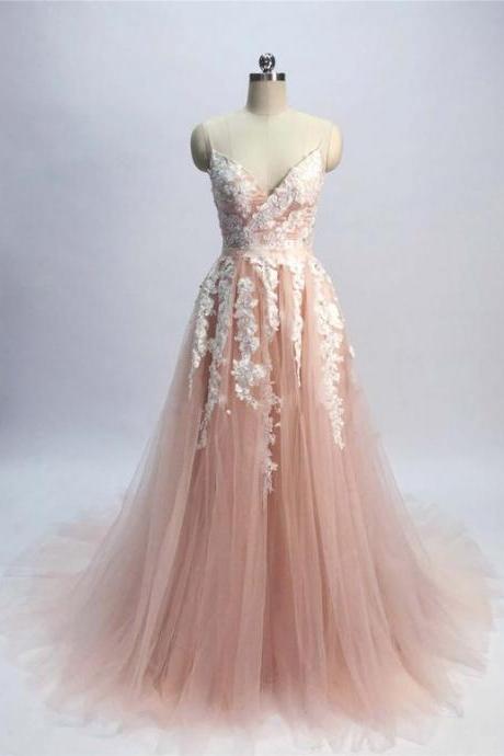 Champagne pink tulle spaghetti straps sexy long prom dress, homecoming dress with appliqué