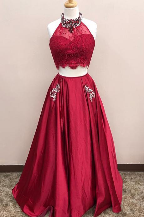 Burgundy Lace Top Two Pieces Floor Length A-line Beading Homecoming Dress