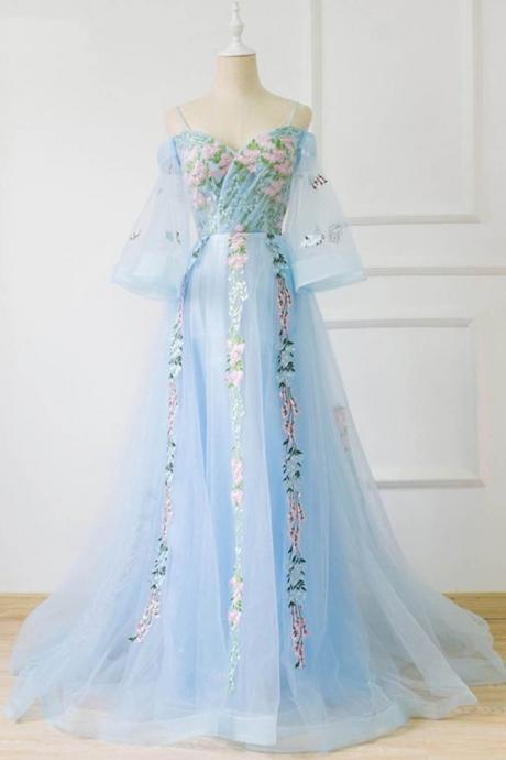 Sweetheart neck blue tulle off shoulder long prom dress, evening dress with sleeves
