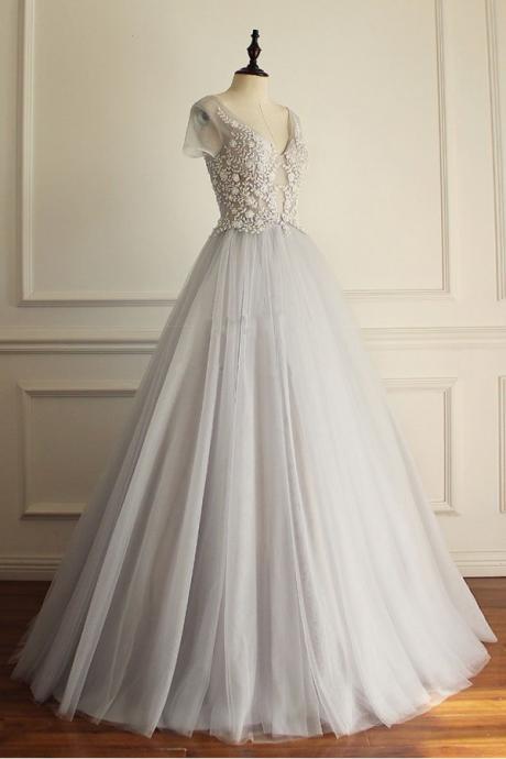 A-line Deep V-neck Short Sleeves Floor Length Lace Applique Tulle Prom/evening Dress