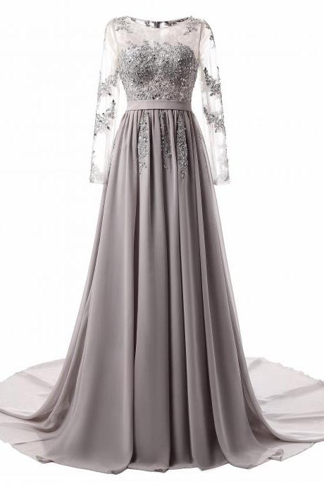 A-line O-neck Long Sleeves Floor Length Lace Beading Applique Chiffon Prom/evening Dress
