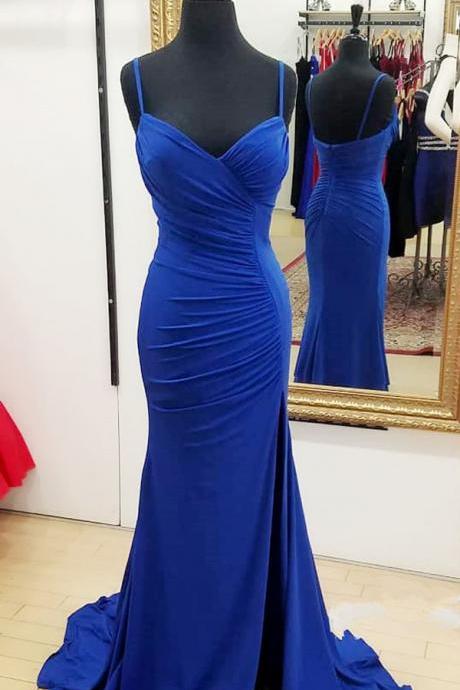 Sexy Mermaid Spaghetti Straps Split Front Royal Blue Long Prom Dress