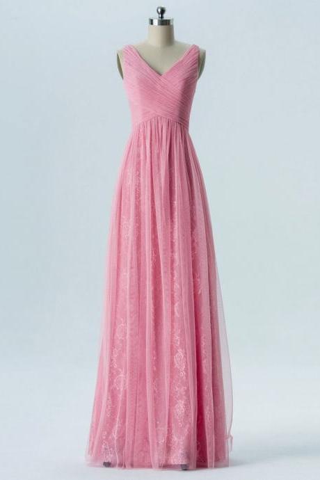V Neck Bridesmaid Dresses, Pink Lace Bridesmaid Dresses, Long Bridesmaid Dresses.
