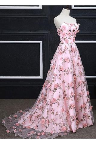 Cheap Pink Prom Dresses ,A-line Strapless Evening Dress, 3D Floral Long Prom Dress ,Elegant Party Dress