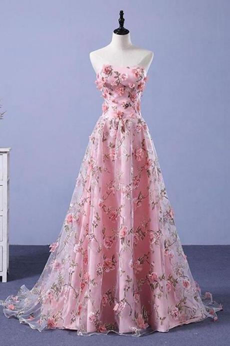 Pink Prom Dresses ,a-line Strapless Evening Dress, 3d Floral Long Prom Dress ,elegant Party Dress,custom Made