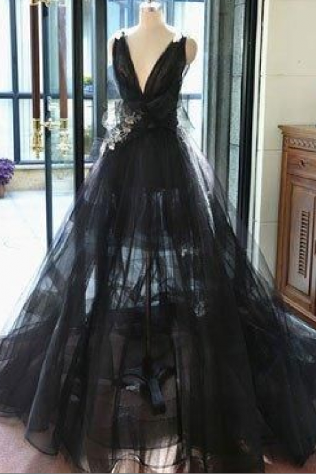 Black Prom Dress, V Neck Tulle Party Dress, Long Prom Dress, Black Evening Dress