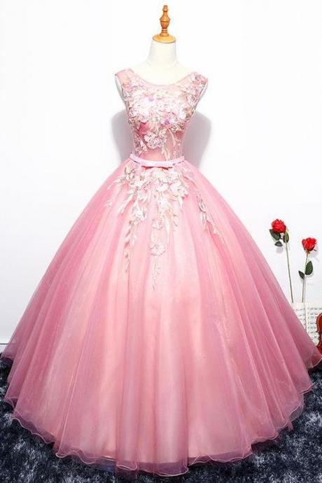 Pink Round Neck Party Dress, Lace Tulle Long Prom Dress, A Line Evening Dress,lace Applique Formal Gowns, O Neck Sleeveless Ball Gowns