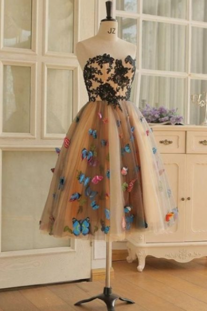 CHIC SWEETHEART SHORT PROM DRESS WITH BUTTERFLY ,LACE KNEE LENGTH, SHORT PROM DRESSES