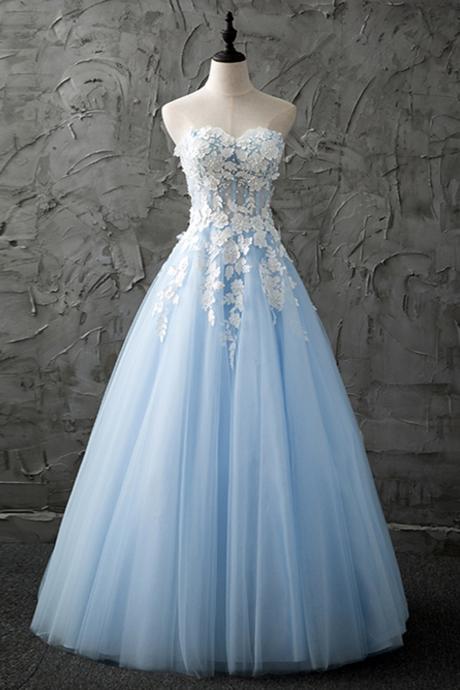Sweetheart Blue Tulle Long Customized Evening Dress With Appliques
