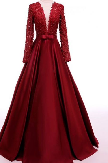 Charming Prom Dress, Sexy Prom Dresses, Long Sleeves Evening Dress,a-line V Neck ,lace Beading Applique Party Dress