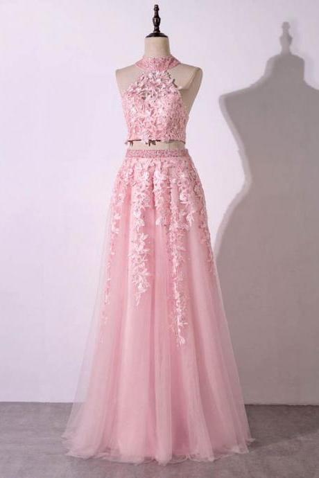 Pink Tulle Strapless Two Pieces Long Lace Prom Dress, Open Back Party Dress
