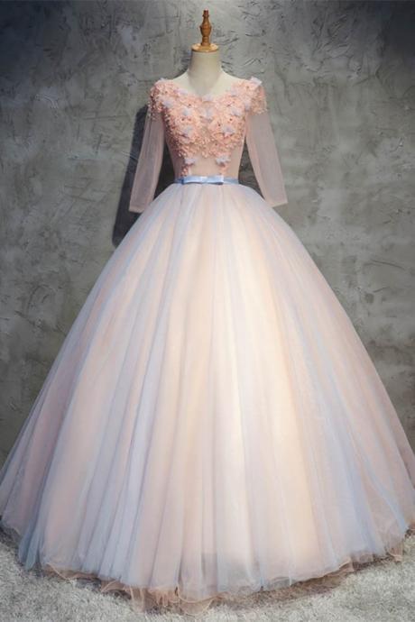 Pink And Blue Tulle Long Beaded 3d Lace Appliqué A-line Evening Dress, Prom Dress With Mid Sleeves