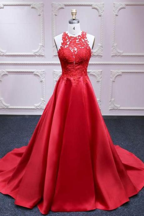 Red Satin Strapless Long Customize Formal Prom Dress With Lace Appliqué,a-line Evening Dresses