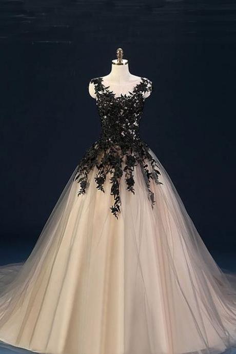 Champange Tulle Long Prom Dress,o Nek Evening Gowns ,floor Length Evening Dress, Flower Applique Party Gowns