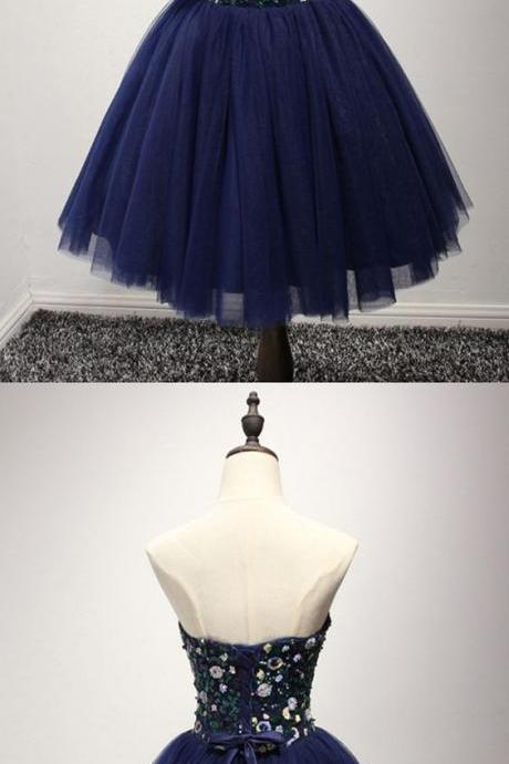 Unique Vintage Short Ballgown Prom Homecoming Dress With Flowers Sashdark Navy Blue Short Prom Dress With Sequin Bodice For Juniors