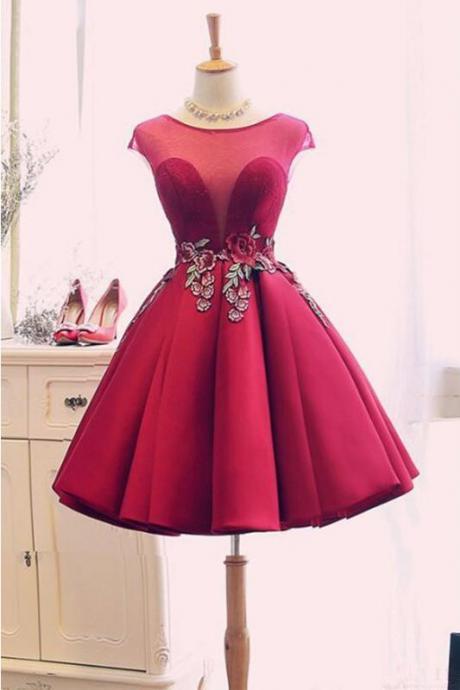Burgundy Satin Ruched Homecoming Dress, A Line Short Prom Dress With Appliques