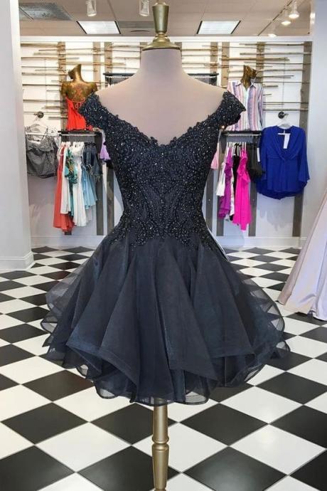 A-line Sweetheart Short Homecoming Dress Cooktail Dressblack V Neck Tulle Beads Short Prom Dress, Black Homecoming Dress