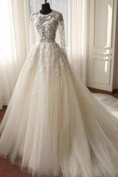 Long Sleeve Illusion Bodice Tulle Ball Gown Wedding Dress With Lace Applique