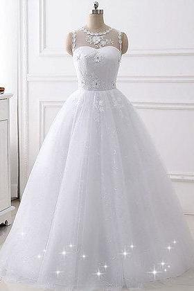 White Tulle A-line Wedding Dress With Lace Appliqué,sleeve Prom Dresses