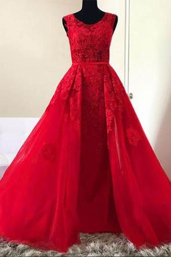 Red Tulle O Neck Long Lace A-line Halter Senior Prom Dress, Red Evening Dress