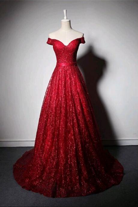 Shinning Burgundy Tulle Off Shoulder Customize Long Evening Dress, Sequins Long Prom Dress