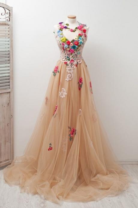 A-line Scoop Sleeveless Open Back Appliques Tulle Prom Dress With Hand-made Flowers