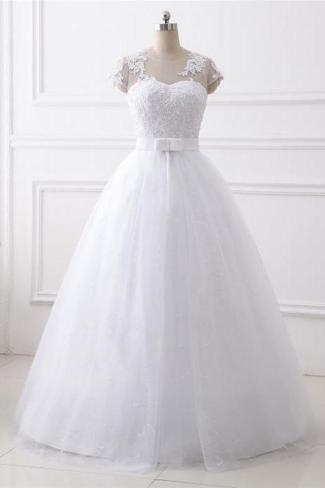 A-line 3d Flower Applique Wedding Dress ,scoop Neck Wedding Dress With Belt , Luxury Beading Cap Sleeves Wedding Dress,floor Length Bridal Dress