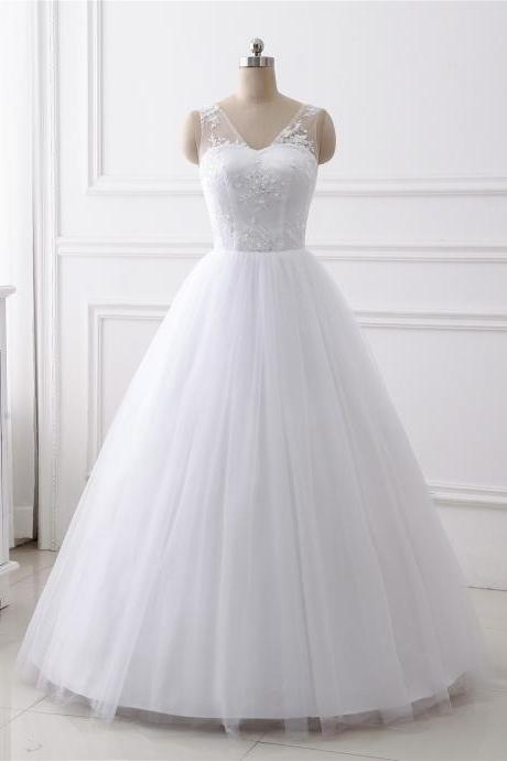 A-line Lace Applique Wedding Dress ,sexy V Neck Wedding Dress , Luxury Beading Sleeveless Wedding Dress,floor Length Bridal Dress