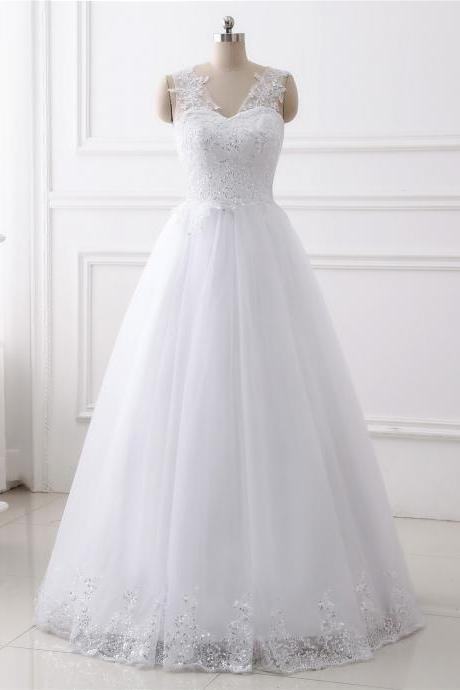 A-line Lace Applique Wedding Dress ,sexy V Neck Wedding Dress , Luxury Beading Sleeveless Wedding Dress, Floor Length Bridal Dress