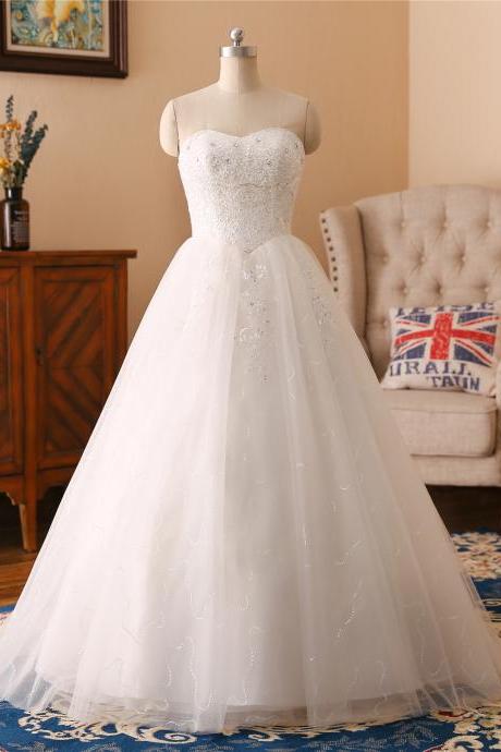 A-line Lace Applique Wedding Dress ,sexy Sweetheart Neck Wedding Dress , Luxury Beading Sleeveless Wedding Dress,diamond Floor Length Bridal