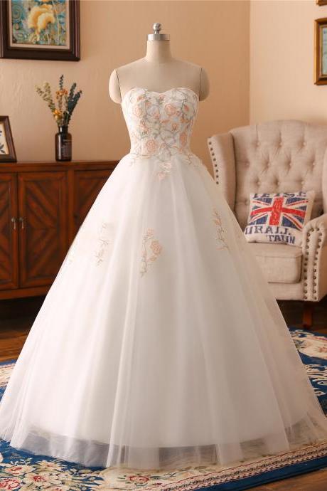 A-line Flower Lace Applique Wedding Dress ,sexy Sweetheart Neck Wedding Dress , Luxury Beading Sleeveless Wedding Dress, Floor Length Bridal