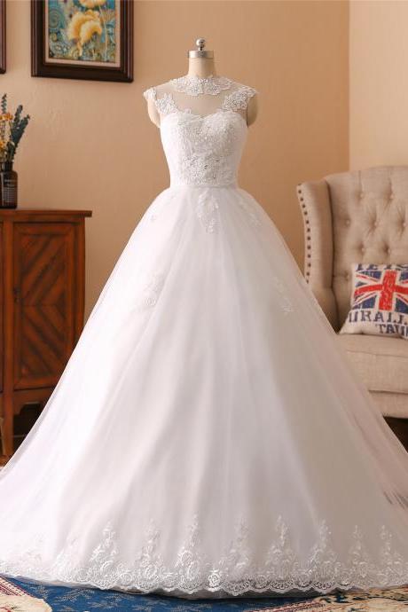 A-line Lace Applique Wedding Dress ,sexy O Neck Wedding Dress , Luxury Simple Sleeveless Wedding Dress, Floor Length Bridal Dress, Sweep Train