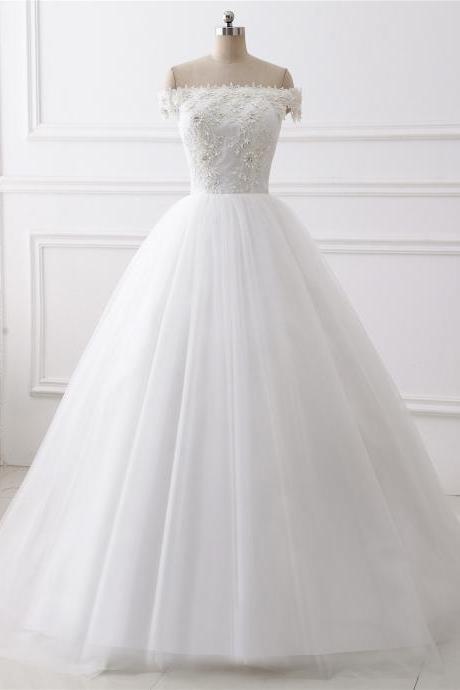 A-line Lace Applique Wedding Dress ,sexy Off Shoulder Neck Wedding Dress , Luxury Simple Sleeveless Wedding Dress, Floor Length Bridal Dress,