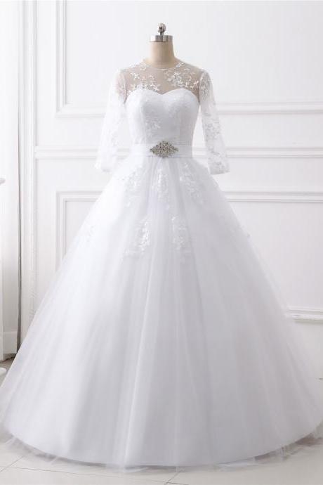 A-line Lace Applique Wedding Dress ,sexy O Neck Wedding Dress , Luxury Simple Sleeveless Wedding Dress, Floor Length Bridal Dress, Beading Long