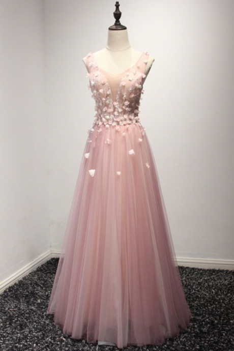 Princess Pink Tulle Formal Dress With Floral Bodice For Women,custom Made