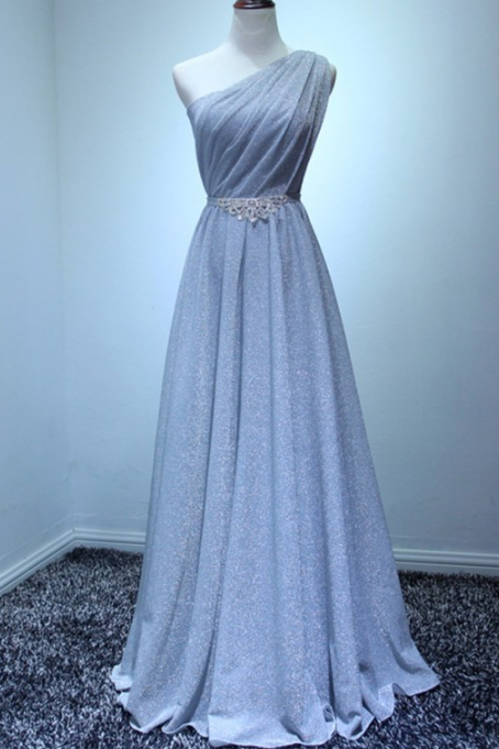 Sparkly Long Silver Formal Prom Dress ,one Shoulder Light Bule Evenging Dresses